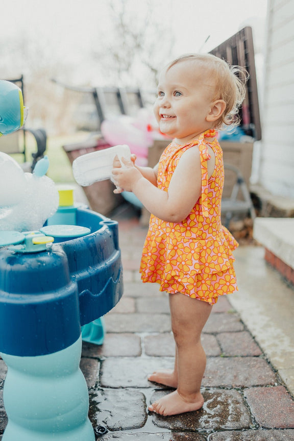 retro pink and yellow flower power two piece girls swimsuit