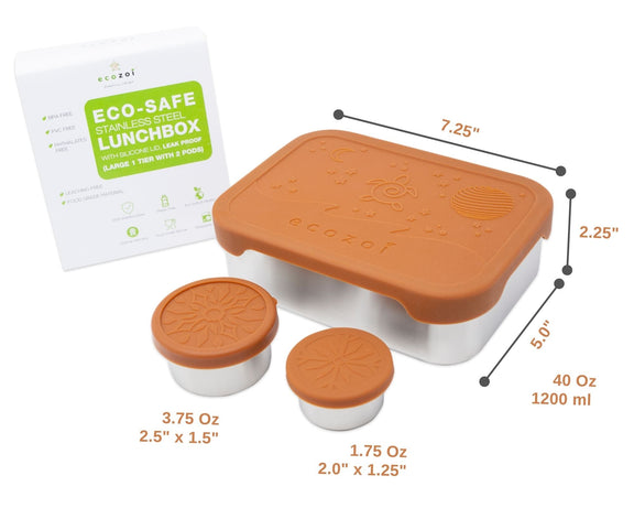 Stainless Steel Eco Lunch Box, 1 Tier with 2 Mini Sauce Containers, 40 Oz or 1200 ml freeshipping - ecozoi