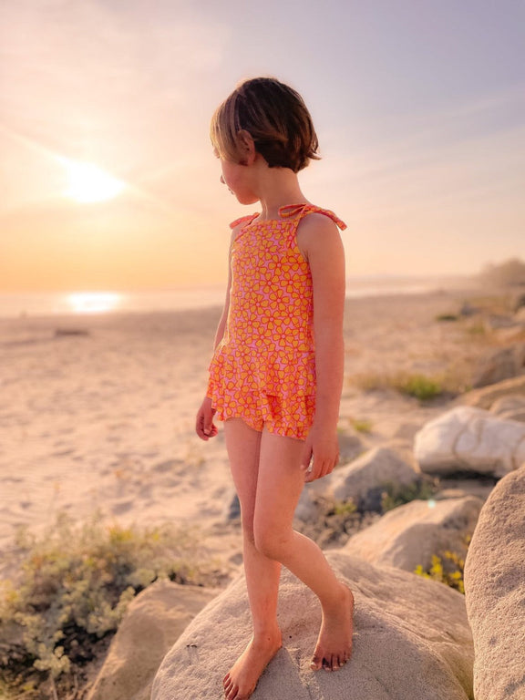 retro pink and yellow flower power two piece girls swimsuit