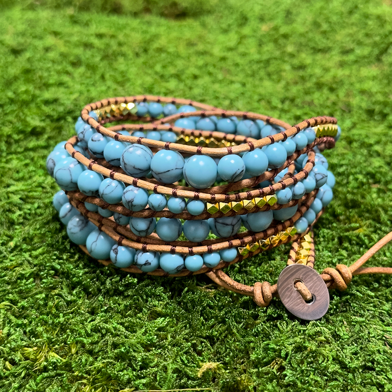 Side angle view of Ocean Breeze Blue Turquoise Bracelet with a secure clasp