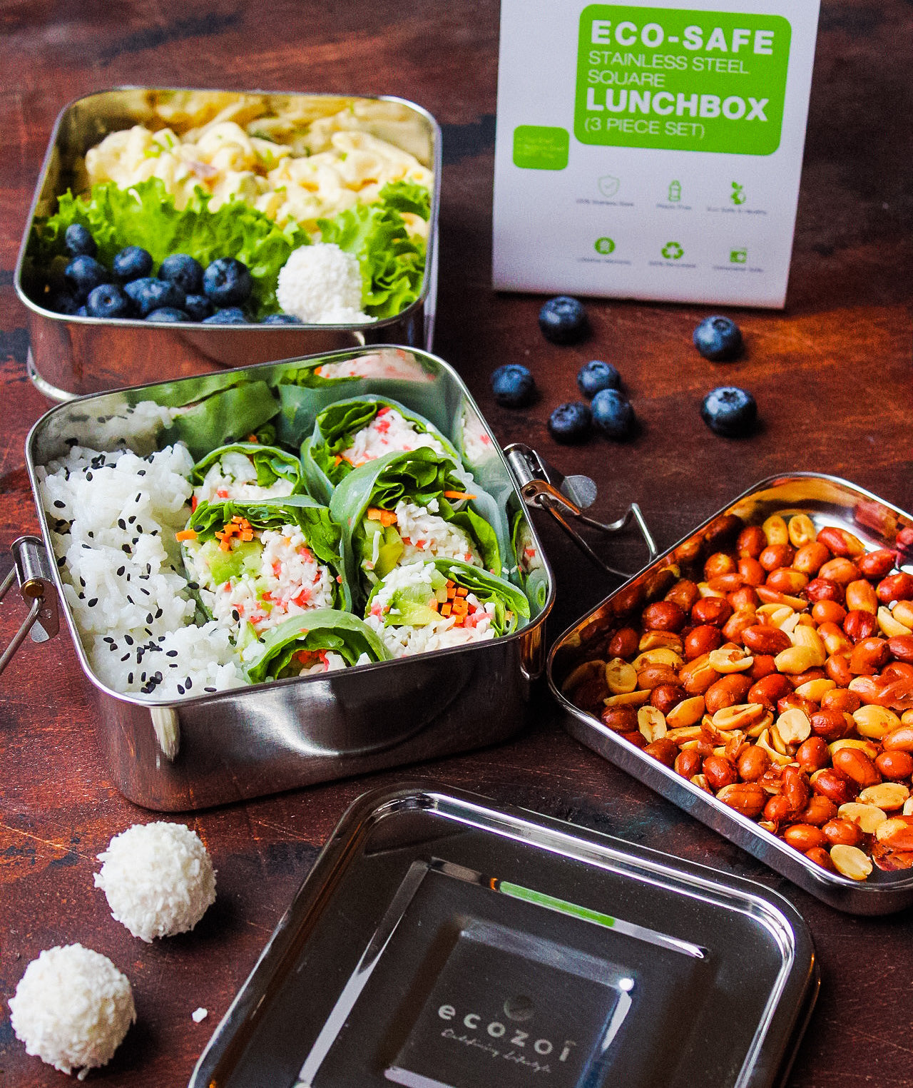 Stainless Steel Eco Lunch Box, 2 Tier Square with Additional Tray, 40 Oz or 1200 ml freeshipping - ecozoi