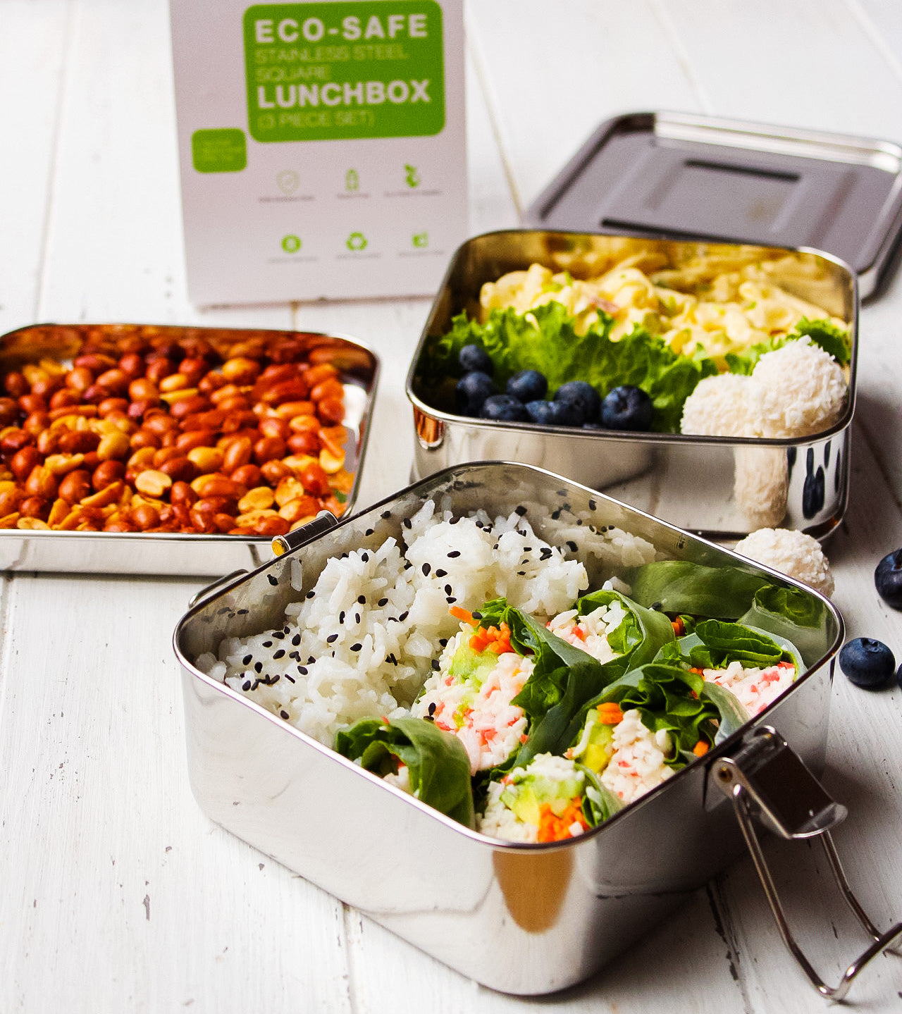 Stainless Steel Eco Lunch Box, 2 Tier Square with Additional Tray, 40 Oz or 1200 ml freeshipping - ecozoi