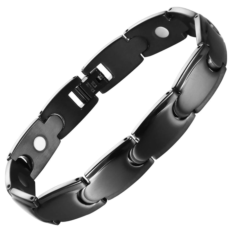 Stainless steel magnetic bracelet with black color, model B042MB, on a woman's wrist
