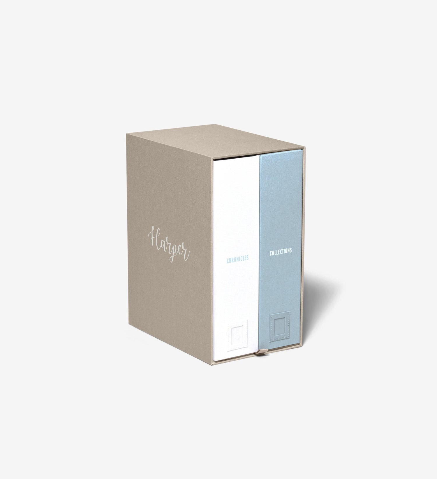 Closed three quarter view of a sky baby deluxe keepsake box personalized with Harper.