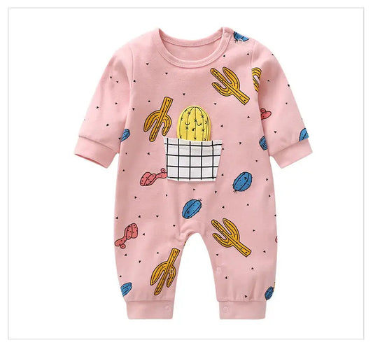 Baby Cactus & Dot Pattern Long Sleeves O-Neck Cotton Jumpsuit, MyKids-USA®, Baby & Toddler Sleepwear, MyKids-USA - Size/Age - 66 (3-6M) - Color - Pink -  -  - JM2207052005-A