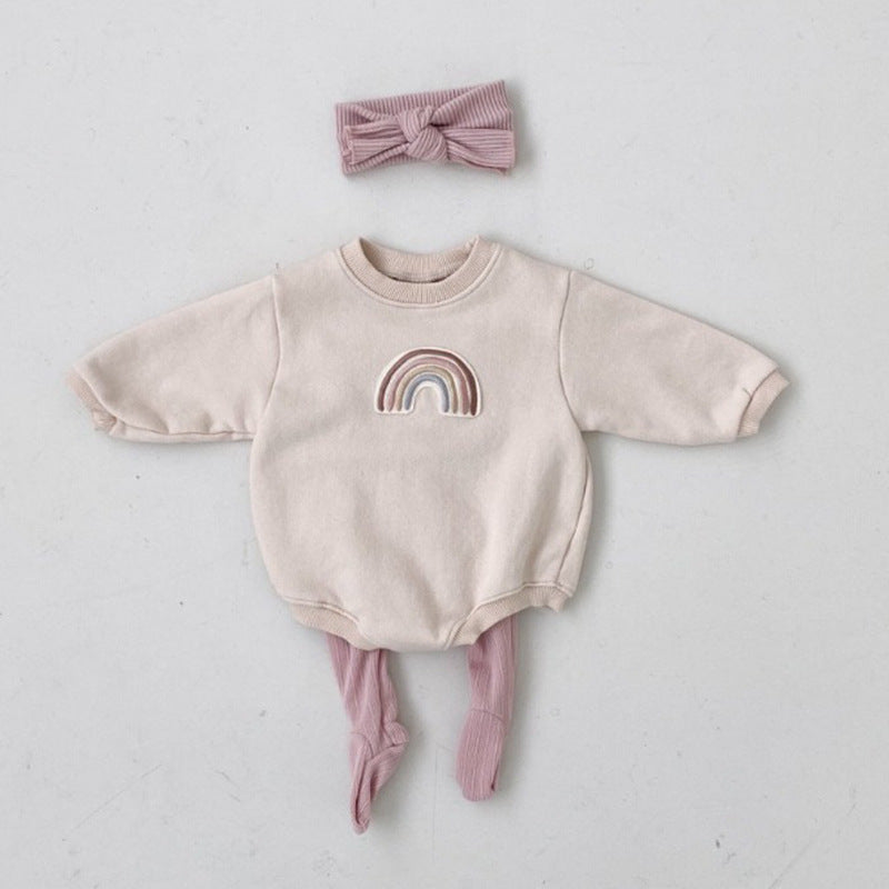 Baby 1pcs Rainbow Embroidery Pattern Solid Color Long Sleeves Soft Bodysuit, MyKids-USA®, Baby One-Pieces, MyKids-USA - Size/Age - 66 (3-6M) - Color - Apricot / Baby 1pc Rainbow Embroidery Pattern Solid Color Long Sleeves Soft Bodysuit MyKids USA