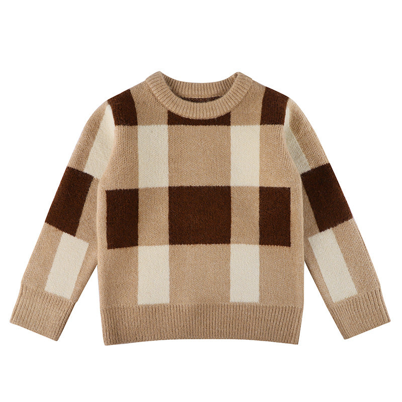 Baby Boy Plaid Graphic O-Neck Long Sleeves Western Classic Sweater, MyKids-USA®, Baby & Toddler Outerwear, MyKids-USA - Size/Age - 100 (2-3Y) - Color - Khaki / Baby Boy Plaid Graphic O-Neck Long Sleeves Western Classic Sweater MyKids USA