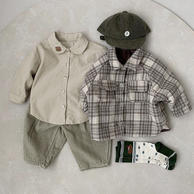 Baby Boy Solid Color Bear Patched Pattern Single Breasted Design Lapel Long Sleeves Shirt, MyKids-USA®, Baby & Toddler Outerwear, MyKids-USA / Baby Boy Solid Color Bear Patched Pattern Single Breasted Design Lapel Long Sleeves Shirt MyKids USA