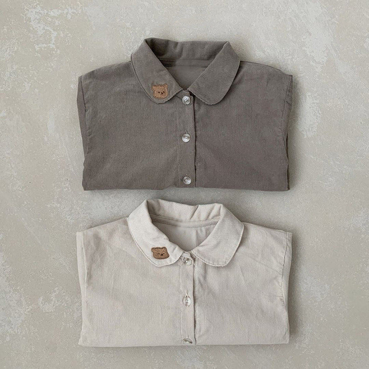 Baby Boy Solid Color Bear Patched Pattern Single Breasted Design Lapel Long Sleeves Shirt, MyKids-USA®, Baby & Toddler Outerwear, MyKids-USA / Baby Boy Solid Color Bear Patched Pattern Single Breasted Design Lapel Long Sleeves Shirt MyKids USA