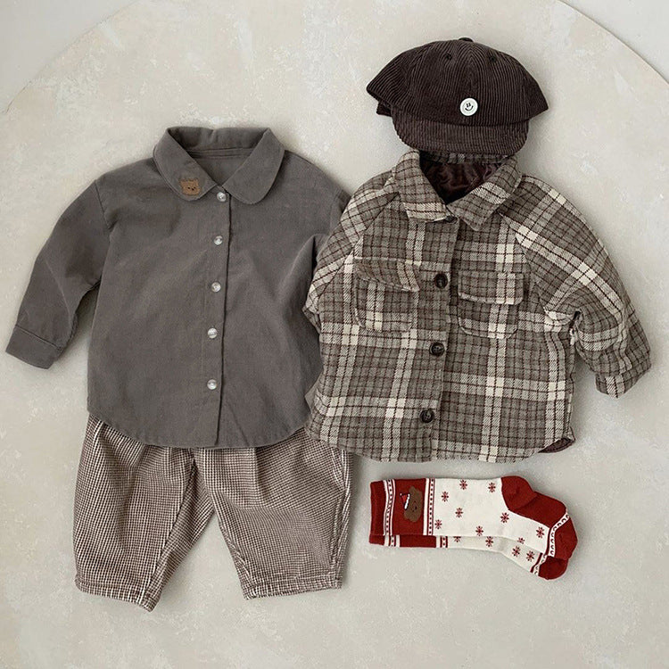 Baby Boy Solid Color Bear Patched Pattern Single Breasted Design Lapel Long Sleeves Shirt, MyKids-USA®, Baby & Toddler Outerwear, MyKids-USA / Baby Boy Solid Color Bear Patched Pattern Single Breasted Design Lapel Long Sleeves Shirt MyKids USA
