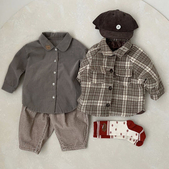 Baby Boy Solid Color Bear Patched Pattern Single Breasted Design Lapel Long Sleeves Shirt, MyKids-USA®, Baby & Toddler Outerwear, MyKids-USA / Baby Boy Solid Color Bear Patched Pattern Single Breasted Design Lapel Long Sleeves Shirt MyKids USA