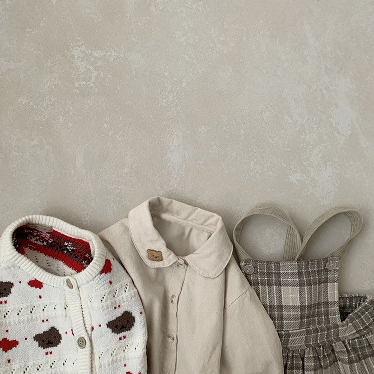 Baby Boy Solid Color Bear Patched Pattern Single Breasted Design Lapel Long Sleeves Shirt, MyKids-USA®, Baby & Toddler Outerwear, MyKids-USA / Baby Boy Solid Color Bear Patched Pattern Single Breasted Design Lapel Long Sleeves Shirt MyKids USA