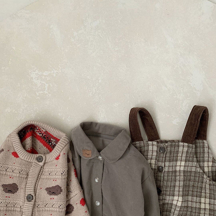 Baby Boy Solid Color Bear Patched Pattern Single Breasted Design Lapel Long Sleeves Shirt, MyKids-USA®, Baby & Toddler Outerwear, MyKids-USA / Baby Boy Solid Color Bear Patched Pattern Single Breasted Design Lapel Long Sleeves Shirt MyKids USA