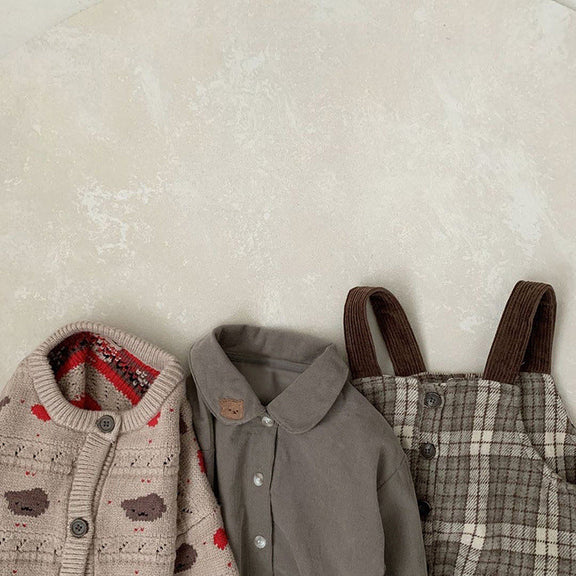 Baby Boy Solid Color Bear Patched Pattern Single Breasted Design Lapel Long Sleeves Shirt, MyKids-USA®, Baby & Toddler Outerwear, MyKids-USA / Baby Boy Solid Color Bear Patched Pattern Single Breasted Design Lapel Long Sleeves Shirt MyKids USA