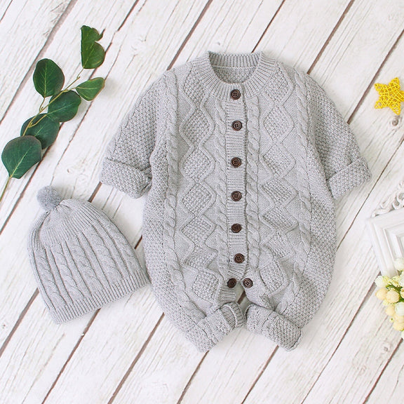 Baby Baby Cable Knitted Pattern Button Front Design Long Sleeve Warm Rompers & Hat, MyKids-USA®, Baby One-Pieces, MyKids-USA - Size/Age - 73 (6-9M) - Color - Grey / Baby Cable Knitted Pattern Button Front Design Long Sleeve Warm Rompers & Hat MyKids USA