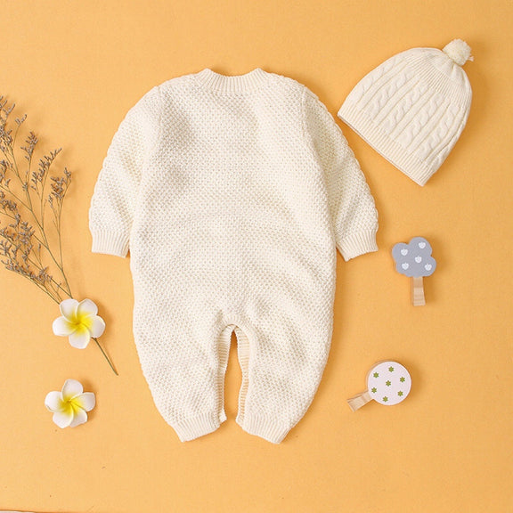 Baby Baby Cable Knitted Pattern Button Front Design Long Sleeve Warm Rompers & Hat, MyKids-USA®, Baby One-Pieces, MyKids-USA / Baby Cable Knitted Pattern Button Front Design Long Sleeve Warm Rompers & Hat MyKids USA