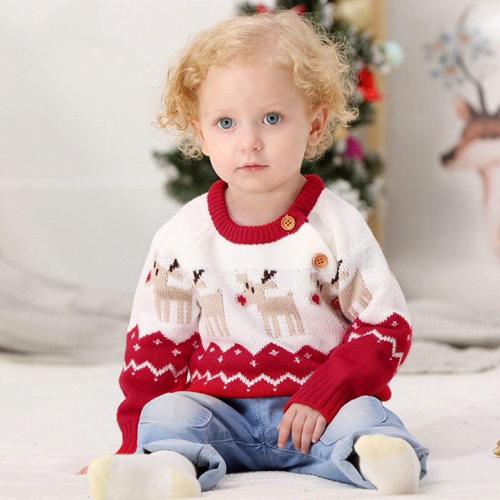Baby Cartoon Christmas Deer Pattern Shoulder Button Design Knitted Pullover Sweater, MyKids-USA®, Baby & Toddler Outerwear, MyKids-USA / Baby Cartoon Christmas Deer Pattern Shoulder Button Design Knitted Pullover Sweater MyKids USA