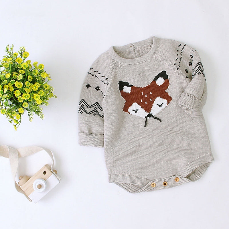 Baby Cartoon Fox Graphic Long Sleeves Triangle Knitted Romper Jumpsuit In Autumn, MyKids-USA®, Baby One-Pieces, MyKids-USA - Size/Age - 73 (6-9M) - Color - Grey / Baby Cartoon Fox Graphic Long-Sleeve Knitted Romper – Autumn MyKids-USA