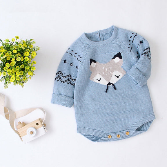 Baby Cartoon Fox Graphic Long Sleeves Triangle Knitted Romper Jumpsuit In Autumn, MyKids-USA®, Baby One-Pieces, MyKids-USA - Size/Age - 73 (6-9M) - Color - Blue / Baby Cartoon Fox Graphic Long-Sleeve Knitted Romper – Autumn MyKids-USA