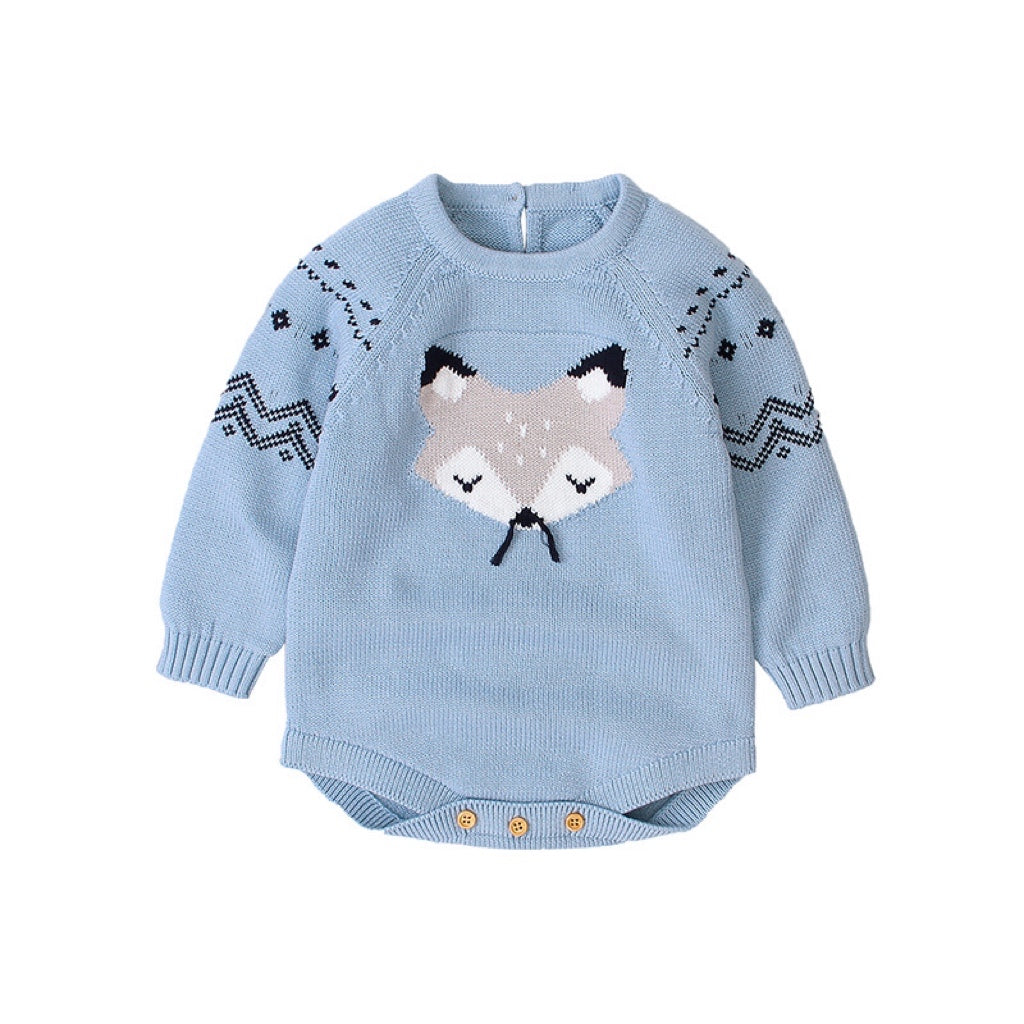 Baby Cartoon Fox Graphic Long Sleeves Triangle Knitted Romper Jumpsuit In Autumn, MyKids-USA®, Baby One-Pieces, MyKids-USA / Baby Cartoon Fox Graphic Long-Sleeve Knitted Romper – Autumn MyKids-USA