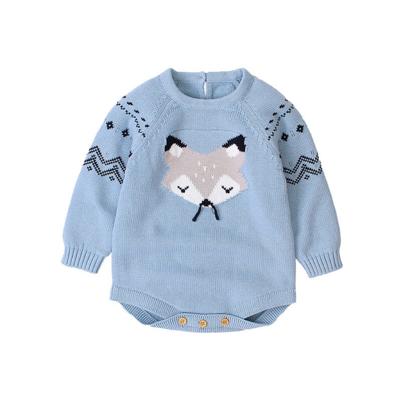 Baby Cartoon Fox Graphic Long Sleeves Triangle Knitted Romper Jumpsuit In Autumn, MyKids-USA®, Baby One-Pieces, MyKids-USA / Baby Cartoon Fox Graphic Long-Sleeve Knitted Romper – Autumn MyKids-USA