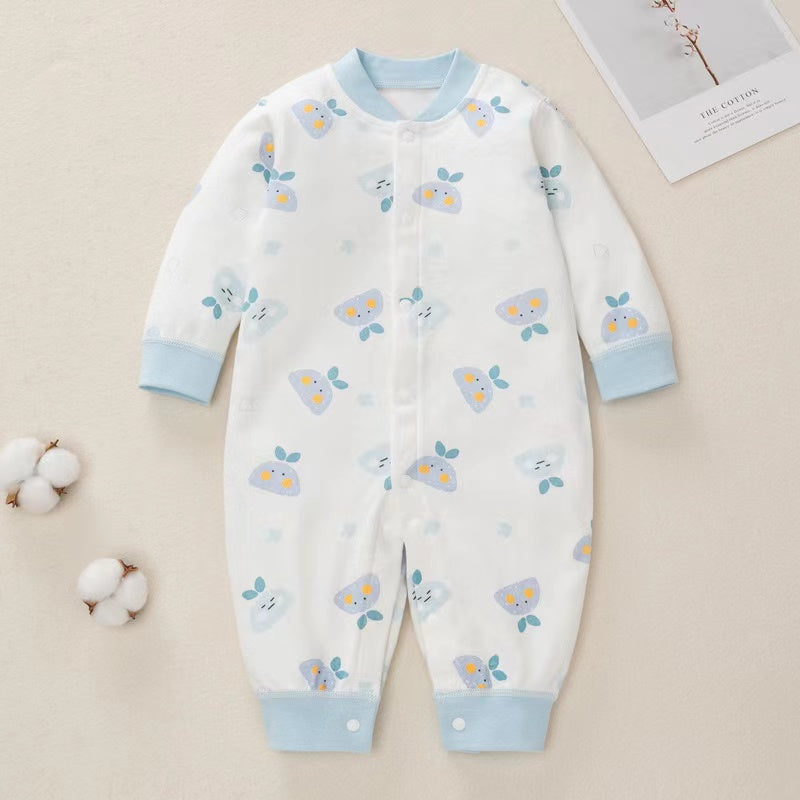 Baby Cartoon Pattern Button Front Design Long Sleeves Cotton Romper, MyKids-USA®, Baby & Toddler Sleepwear, MyKids-USA - Size/Age - 59 (0-3M) - Color - Blue / Baby Cartoon Print Button-Front Long Sleeve Cotton Romper MyKids-USA