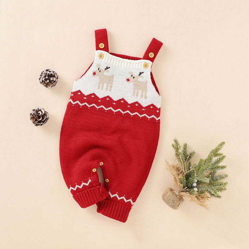 Baby Christmas Elk Pattern Srappy Design Sweater Rompers, MyKids-USA®, Baby One-Pieces, MyKids-USA - Size/Age - 73 (6-9M) - Color - Red / Baby Christmas Elk Strappy Sweater Romper MyKids-USA