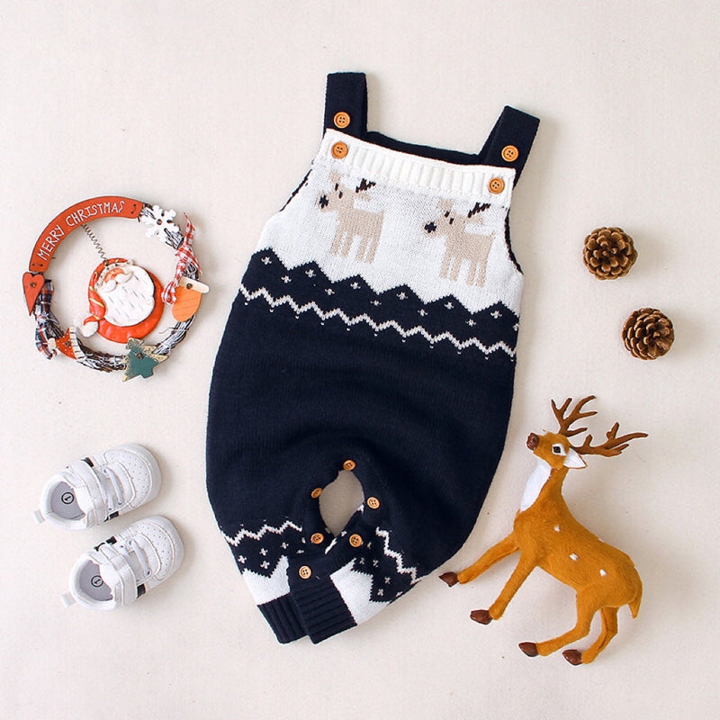 Baby Christmas Elk Pattern Srappy Design Sweater Rompers, MyKids-USA®, Baby One-Pieces, MyKids-USA - Size/Age - 73 (6-9M) - Color - Navy Blue / Baby Christmas Elk Strappy Sweater Romper MyKids-USA