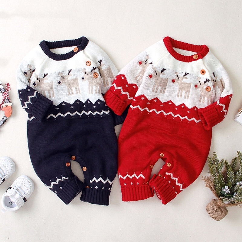 Baby Christmas Giraffe Pattern Shoulder Button Design Sweater Rompers, MyKids-USA®, Baby One-Pieces, MyKids-USA / Baby Christmas Giraffe Shoulder-Button Sweater Romper MyKids-USA