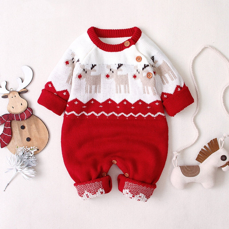 Baby Christmas Giraffe Pattern Shoulder Button Design Sweater Rompers, MyKids-USA®, Baby One-Pieces, MyKids-USA - Size/Age - 73 (6-9M) - Color - Red / Baby Christmas Giraffe Shoulder-Button Sweater Romper MyKids-USA