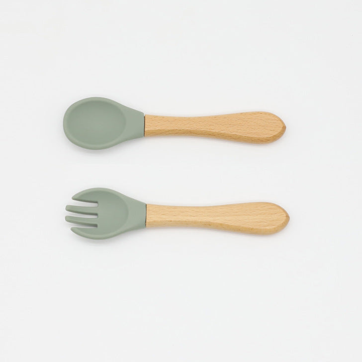Baby Food Grade Wooden Handles Silicone Spoon Fork Cutlery, MyKids-USA®, Spoon and Fork, MyKids-USA / Baby Food Grade Wooden Handles Silicone Spoon Fork Cutlery MyKids USA
