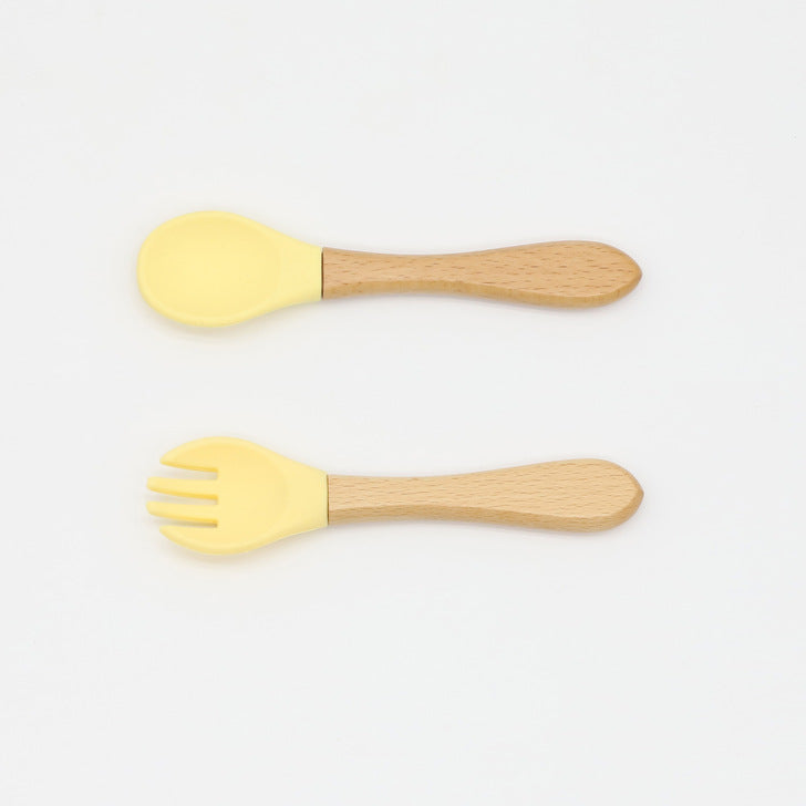 Baby Food Grade Wooden Handles Silicone Spoon Fork Cutlery, MyKids-USA®, Spoon and Fork, MyKids-USA - Size/Age - Average Size (0-8Y) - Color - Light Yellow / Baby Food Grade Wooden Handles Silicone Spoon Fork Cutlery MyKids USA