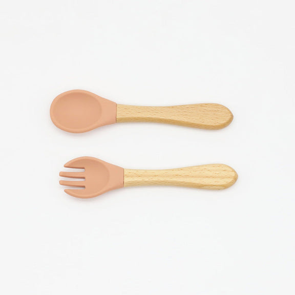 Baby Food Grade Wooden Handles Silicone Spoon Fork Cutlery, MyKids-USA®, Spoon and Fork, MyKids-USA - Size/Age - Average Size (0-8Y) - Color - Orange / Baby Food Grade Wooden Handles Silicone Spoon Fork Cutlery MyKids USA