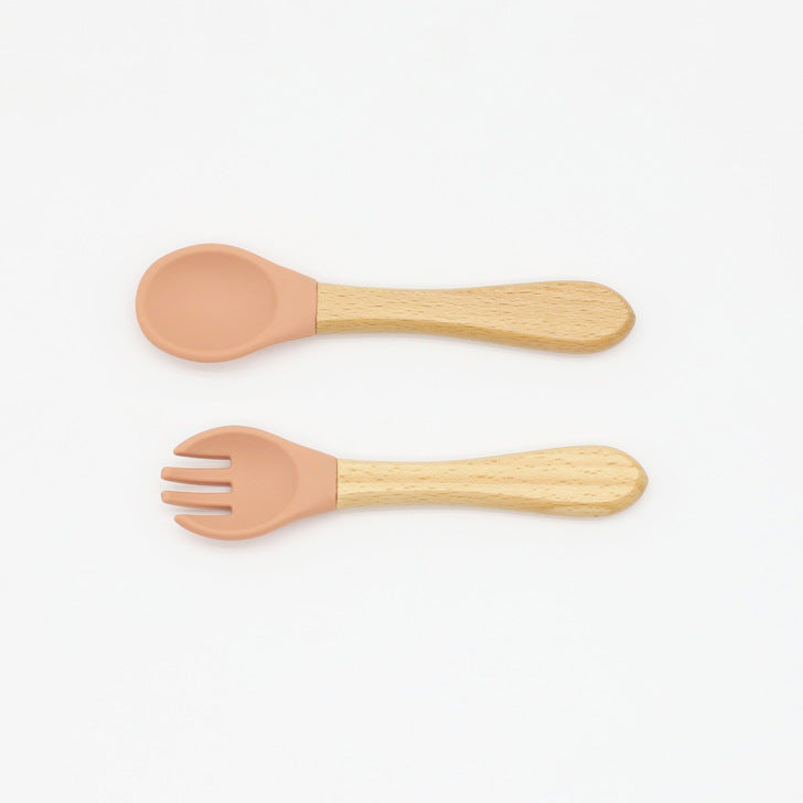 Baby Food Grade Wooden Handles Silicone Spoon Fork Cutlery, MyKids-USA®, Spoon and Fork, MyKids-USA - Size/Age - Average Size (0-8Y) - Color - Orange / Baby Food Grade Wooden Handles Silicone Spoon Fork Cutlery MyKids USA