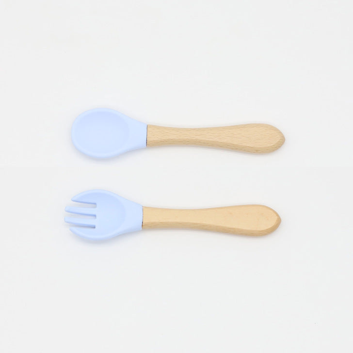 Baby Food Grade Wooden Handles Silicone Spoon Fork Cutlery, MyKids-USA®, Spoon and Fork, MyKids-USA - Size/Age - Average Size (0-8Y) - Color - Light Blue / Baby Food Grade Wooden Handles Silicone Spoon Fork Cutlery MyKids USA