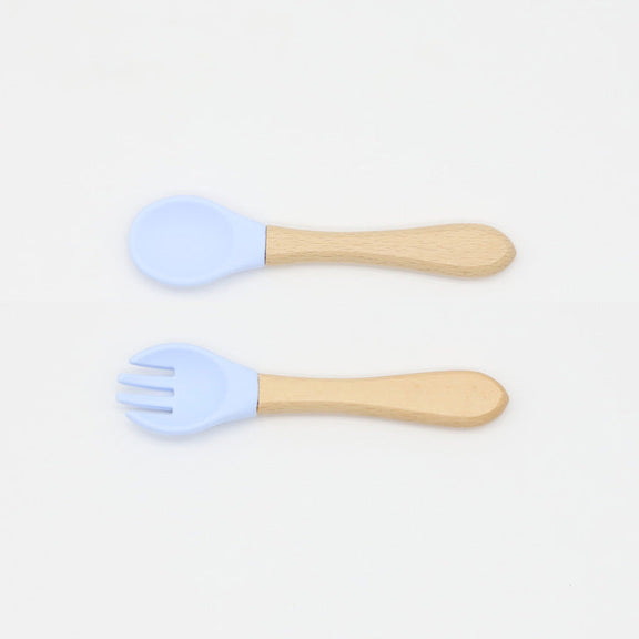 Baby Food Grade Wooden Handles Silicone Spoon Fork Cutlery, MyKids-USA®, Spoon and Fork, MyKids-USA - Size/Age - Average Size (0-8Y) - Color - Light Blue / Baby Food Grade Wooden Handles Silicone Spoon Fork Cutlery MyKids USA