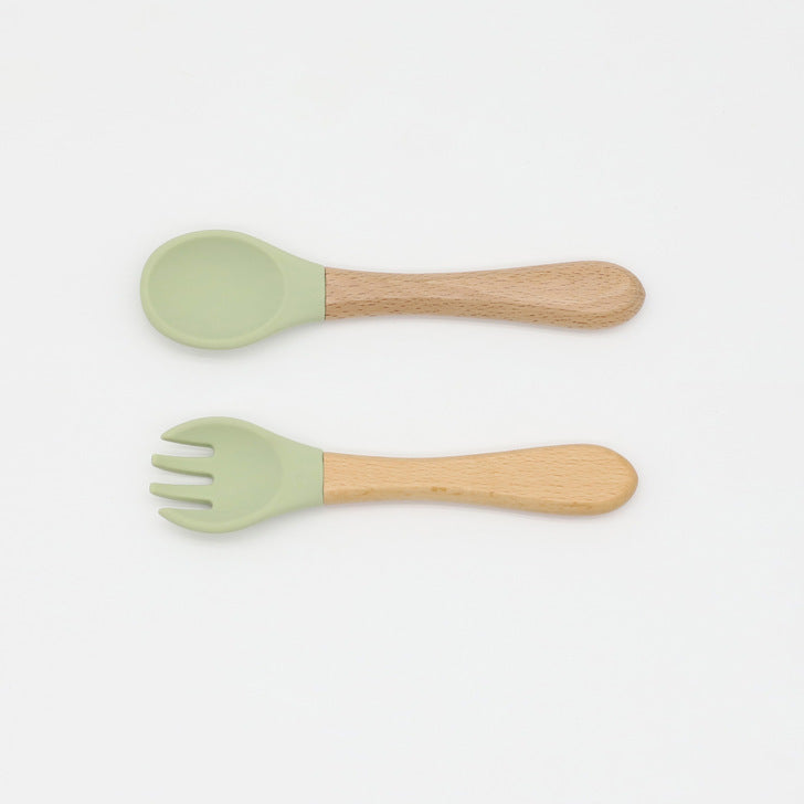 Baby Food Grade Wooden Handles Silicone Spoon Fork Cutlery, MyKids-USA®, Spoon and Fork, MyKids-USA - Size/Age - Average Size (0-8Y) - Color - Light Green / Baby Food Grade Wooden Handles Silicone Spoon Fork Cutlery MyKids USA