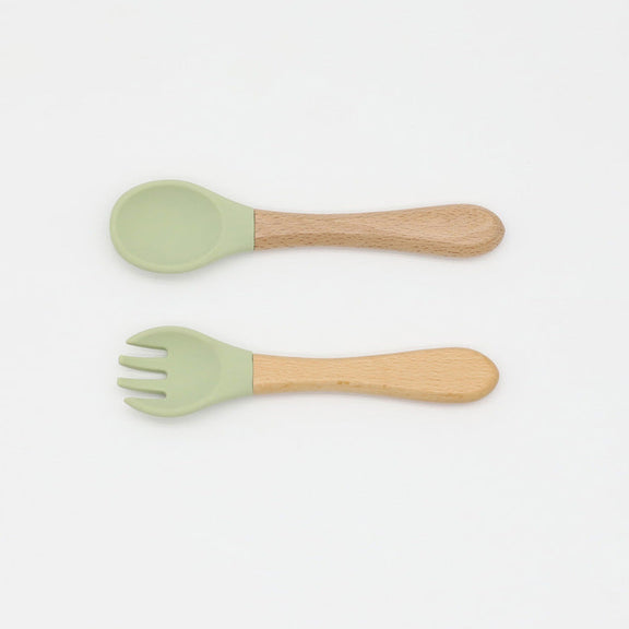Baby Food Grade Wooden Handles Silicone Spoon Fork Cutlery, MyKids-USA®, Spoon and Fork, MyKids-USA - Size/Age - Average Size (0-8Y) - Color - Light Green / Baby Food Grade Wooden Handles Silicone Spoon Fork Cutlery MyKids USA