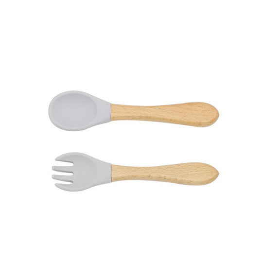 Baby Food Grade Wooden Handles Silicone Spoon Fork Cutlery, MyKids-USA®, Spoon and Fork, MyKids-USA - Size/Age - Average Size (0-8Y) - Color - Grey / Baby Food Grade Wooden Handles Silicone Spoon Fork Cutlery MyKids USA