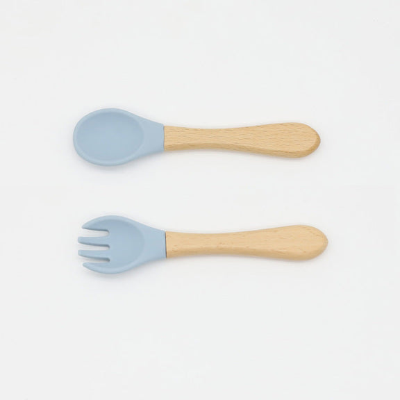 Baby Food Grade Wooden Handles Silicone Spoon Fork Cutlery, MyKids-USA®, Spoon and Fork, MyKids-USA - Size/Age - Average Size (0-8Y) - Color - Navy Blue (Dark Blue) / Baby Food Grade Wooden Handles Silicone Spoon Fork Cutlery MyKids USA