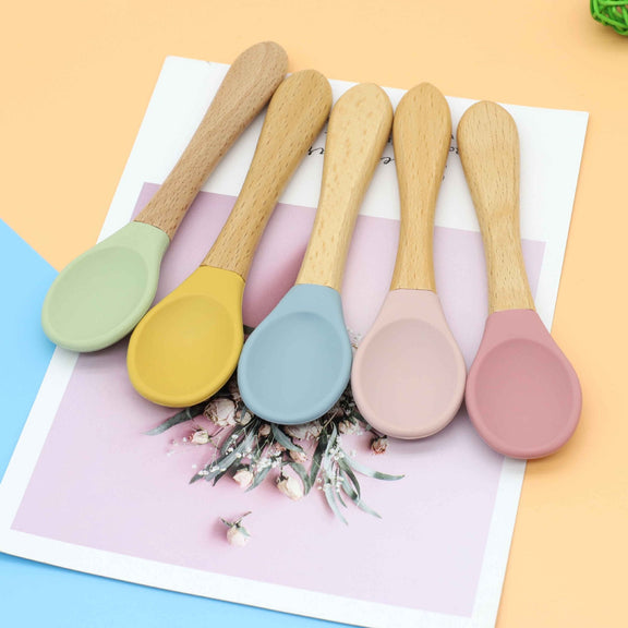 Baby Food Grade Wooden Handles Silicone Spoon Fork Cutlery, MyKids-USA®, Spoon and Fork, MyKids-USA / Baby Food Grade Wooden Handles Silicone Spoon Fork Cutlery MyKids USA