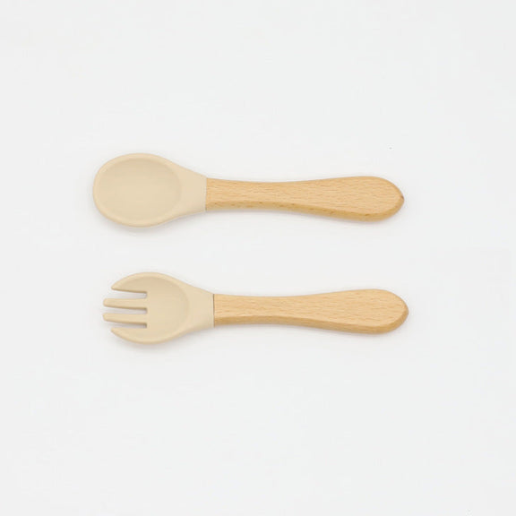 Baby Food Grade Wooden Handles Silicone Spoon Fork Cutlery, MyKids-USA®, Spoon and Fork, MyKids-USA - Size/Age - Average Size (0-8Y) - Color - Apricot / Baby Food Grade Wooden Handles Silicone Spoon Fork Cutlery MyKids USA