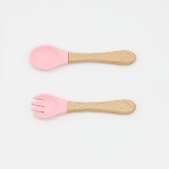 Baby Food Grade Wooden Handles Silicone Spoon Fork Cutlery, MyKids-USA®, Spoon and Fork, MyKids-USA - Size/Age - Average Size (0-8Y) - Color - Pink / Baby Food Grade Wooden Handles Silicone Spoon Fork Cutlery MyKids USA