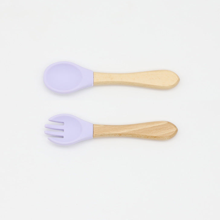 Baby Food Grade Wooden Handles Silicone Spoon Fork Cutlery, MyKids-USA®, Spoon and Fork, MyKids-USA - Size/Age - Average Size (0-8Y) - Color - Purple / Baby Food Grade Wooden Handles Silicone Spoon Fork Cutlery MyKids USA
