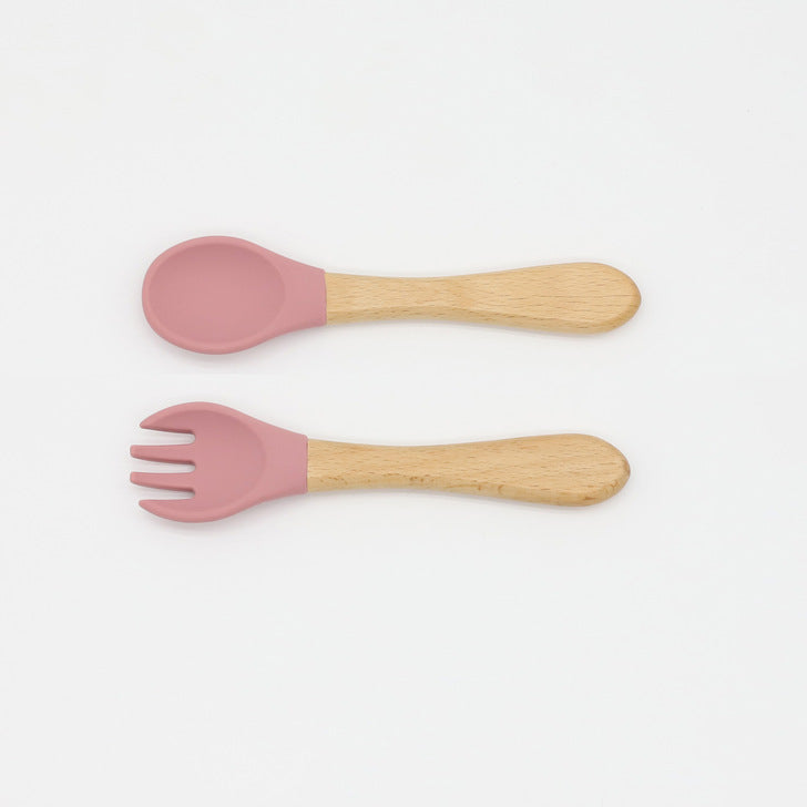 Baby Food Grade Wooden Handles Silicone Spoon Fork Cutlery, MyKids-USA®, Spoon and Fork, MyKids-USA - Size/Age - Average Size (0-8Y) - Color - Red / Baby Food Grade Wooden Handles Silicone Spoon Fork Cutlery MyKids USA