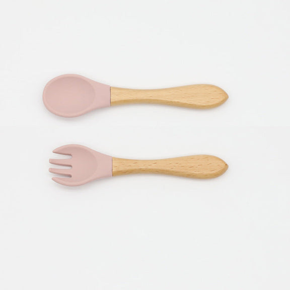 Baby Food Grade Wooden Handles Silicone Spoon Fork Cutlery, MyKids-USA®, Spoon and Fork, MyKids-USA - Size/Age - Average Size (0-8Y) - Color - Light Pink / Baby Food Grade Wooden Handles Silicone Spoon Fork Cutlery MyKids USA