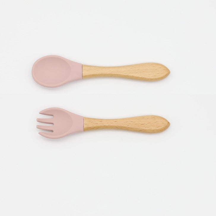 Baby Food Grade Wooden Handles Silicone Spoon Fork Cutlery, MyKids-USA®, Spoon and Fork, MyKids-USA - Size/Age - Average Size (0-8Y) - Color - Light Pink / Baby Food Grade Wooden Handles Silicone Spoon Fork Cutlery MyKids USA