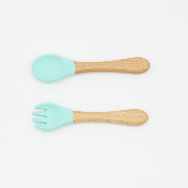 Baby Food Grade Wooden Handles Silicone Spoon Fork Cutlery, MyKids-USA®, Spoon and Fork, MyKids-USA / Baby Food Grade Wooden Handles Silicone Spoon Fork Cutlery MyKids USA