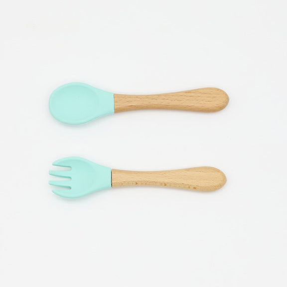 Baby Food Grade Wooden Handles Silicone Spoon Fork Cutlery, MyKids-USA®, Spoon and Fork, MyKids-USA / Baby Food Grade Wooden Handles Silicone Spoon Fork Cutlery MyKids USA