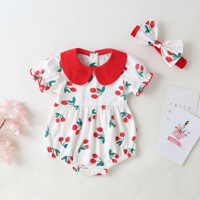 Baby Girl Cherry Print Pattern Round Collar Short-Sleeved Onesies In Summer Outfit Wearing, MyKids-USA®, Baby & Toddler Outerwear, MyKids-USA - Size/Age - 66 (3-6M) - Color - Red / Baby Girl Cherry Print Round Collar Short-Sleeve Onesie – Summer MyKids-USA